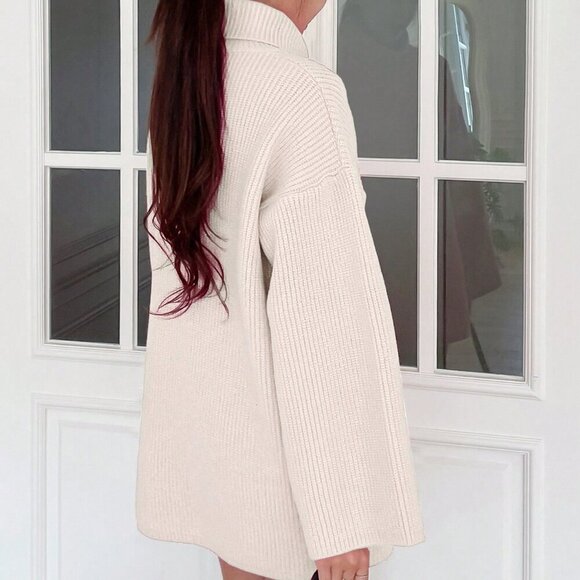 White Casual Women's High-Neck Drop Shoulder Sweater - Picture 2 of 5